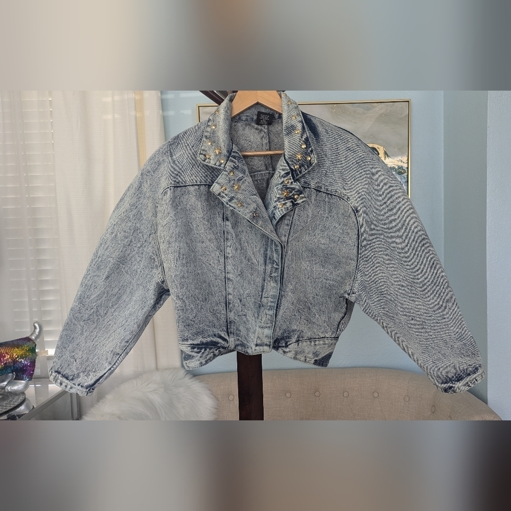 Vtg 80sEunina U.S.A. Acid Wash Jeans Jacket Copped Size L - Picture 4 of 14
